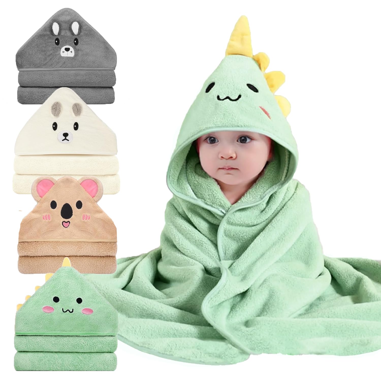 ROXANEPIG 4Pack Baby Handtücher Kapuze, 80X80 cm Babybadetücher, Kapuzenhandtücher Baby, Kapuzenbadetüch, Kinderhandtüch, Badehandtüch Handtücher für Babys, Neugeborene (Gray,White,Green,Brown)