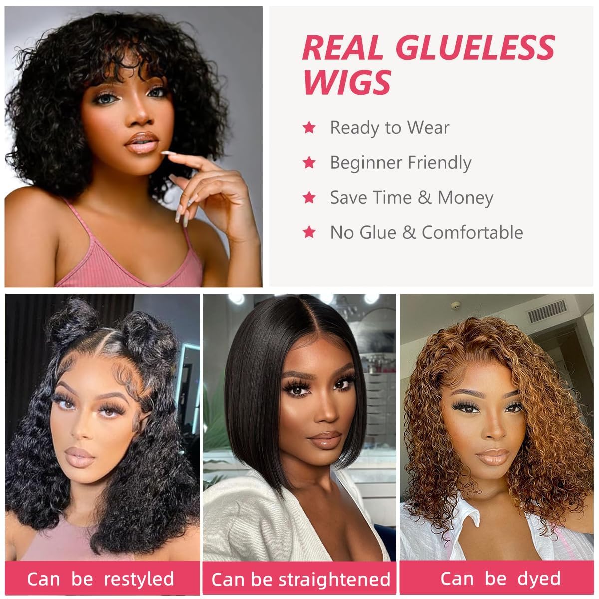 Short Bob Curly Human Hair Wigs with Bangs 14 Inch 100% Brazilian Virgin Bob Wig Human Hair for Black Women Glueless Full Machine Made None Lace Front Wig 180% Density Natural Black - Image 3