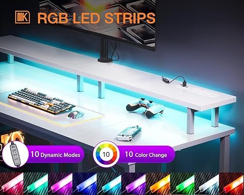 Miniatura 4 de ODK Escritorio para juegos de 48 pulgadas con luces LED y tomas de corriente, escritorio para computadora con soporte para monitor y rejillas de