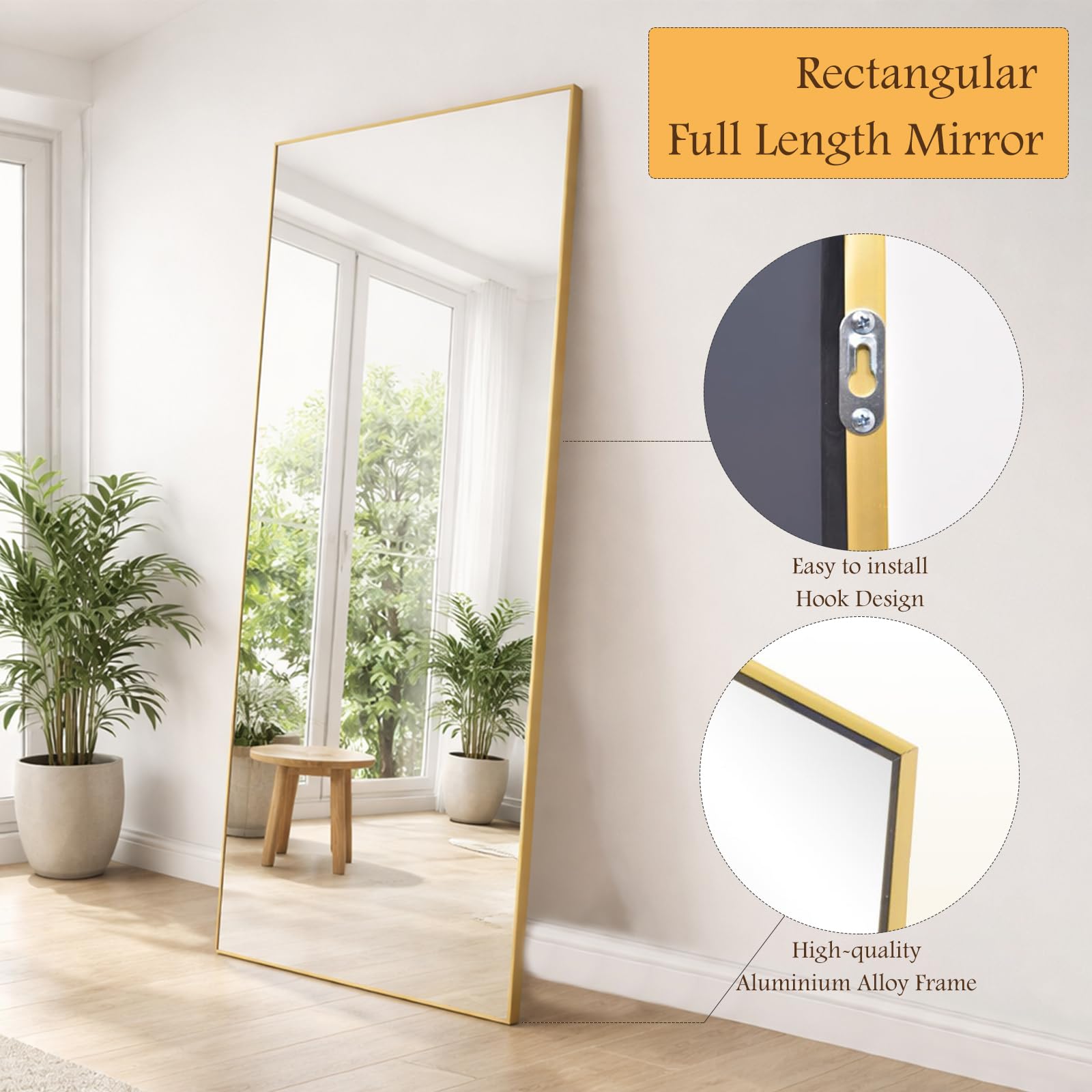 Rechteckig Ganzkörperspiegel Standspiegel mit Aluminium-Rahmen, Wand- & Bodenspiegel für Schlafzimmer Ankleidezimmer Flur Heimdekoration - Gold, 161x52cm | 64" L x 21" W