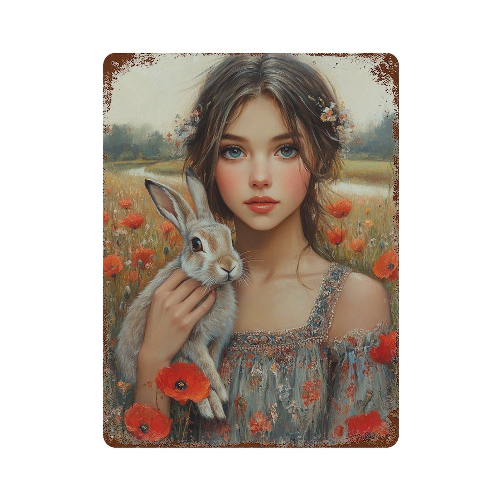 Girl with Rabbit in Poppy Field-1 15.7"x11.8" Decorative Tin Sign, Retro Wall Decor for Garage, Bar And Workshop Decor