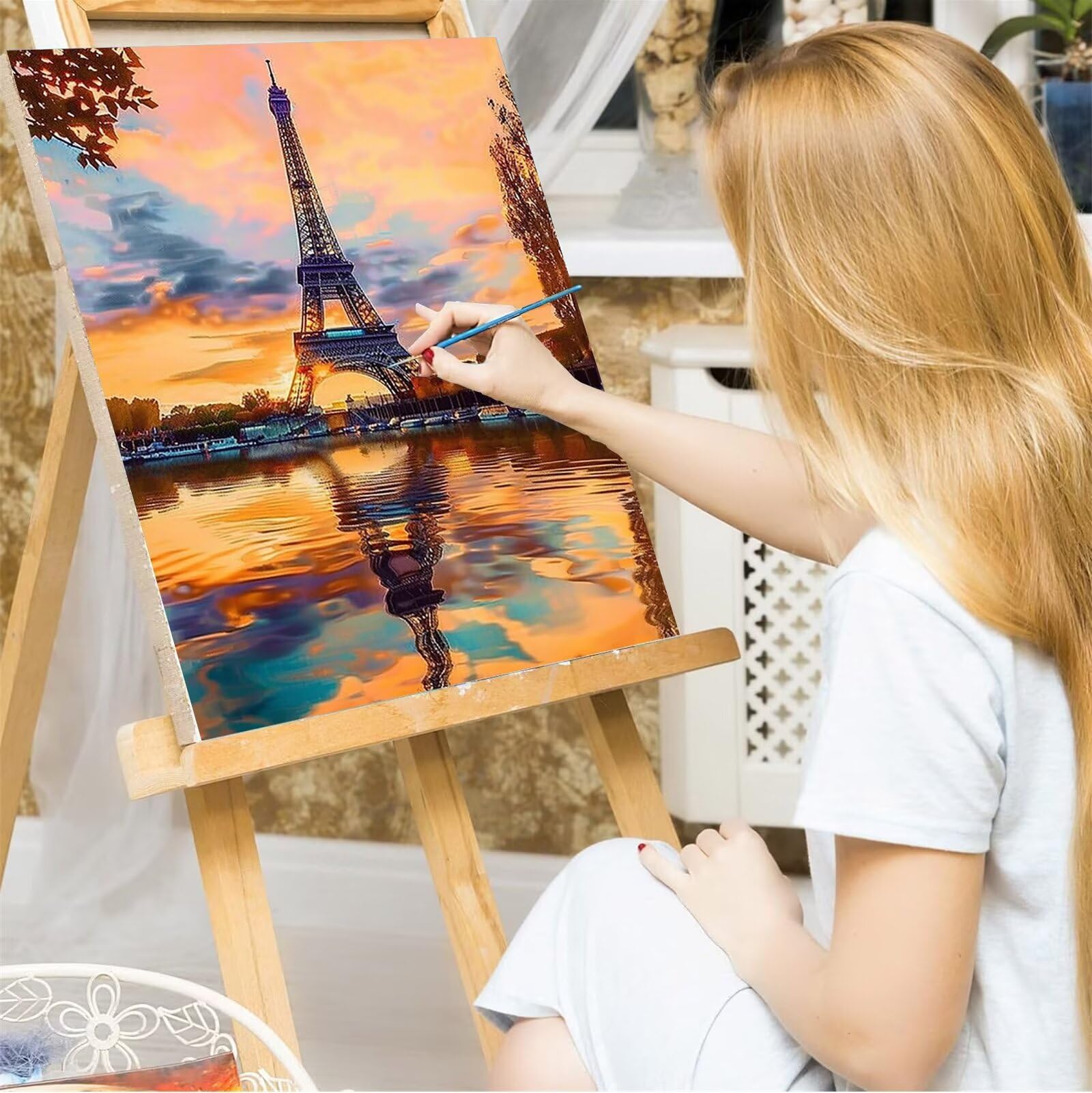 Malen Nach Zahlen Kinder Erwachsene Anfänger, Eiffelturm Malen Nach Zahlen ab 9 10 11 Jahre Mädchen und Junge, Malen Nach Zahlen Sonnenuntergang 2 Pinsel und Acrylfarben 60x80cm (mit Rahmen)
