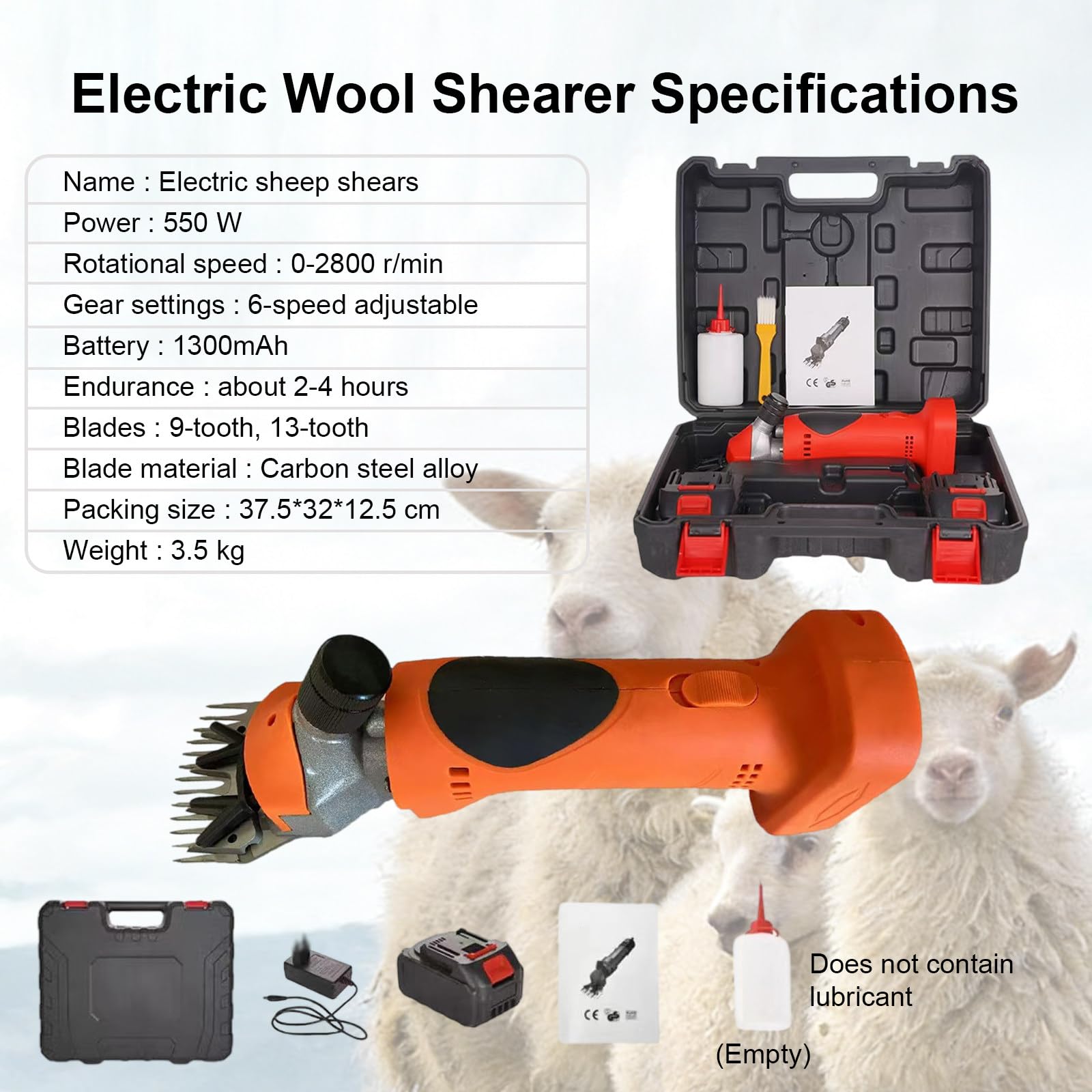 Tosatrice Professionale per Bestiame, Tosatrice Ricaricabile A 6 velocità per Pecore A Pelo Spesso, Capre, Alpaca, Bovini, Kit per La Toelettatura del Bestiame Orange-1Battery