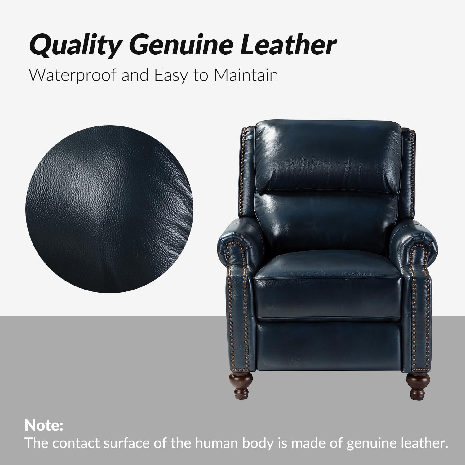 HULALA HOME Genuine Leather Wingback Recliner Chair with Thick Cushioned Seat, Traditional Push Back Leather Recliner with Nailhead Trim, Navy