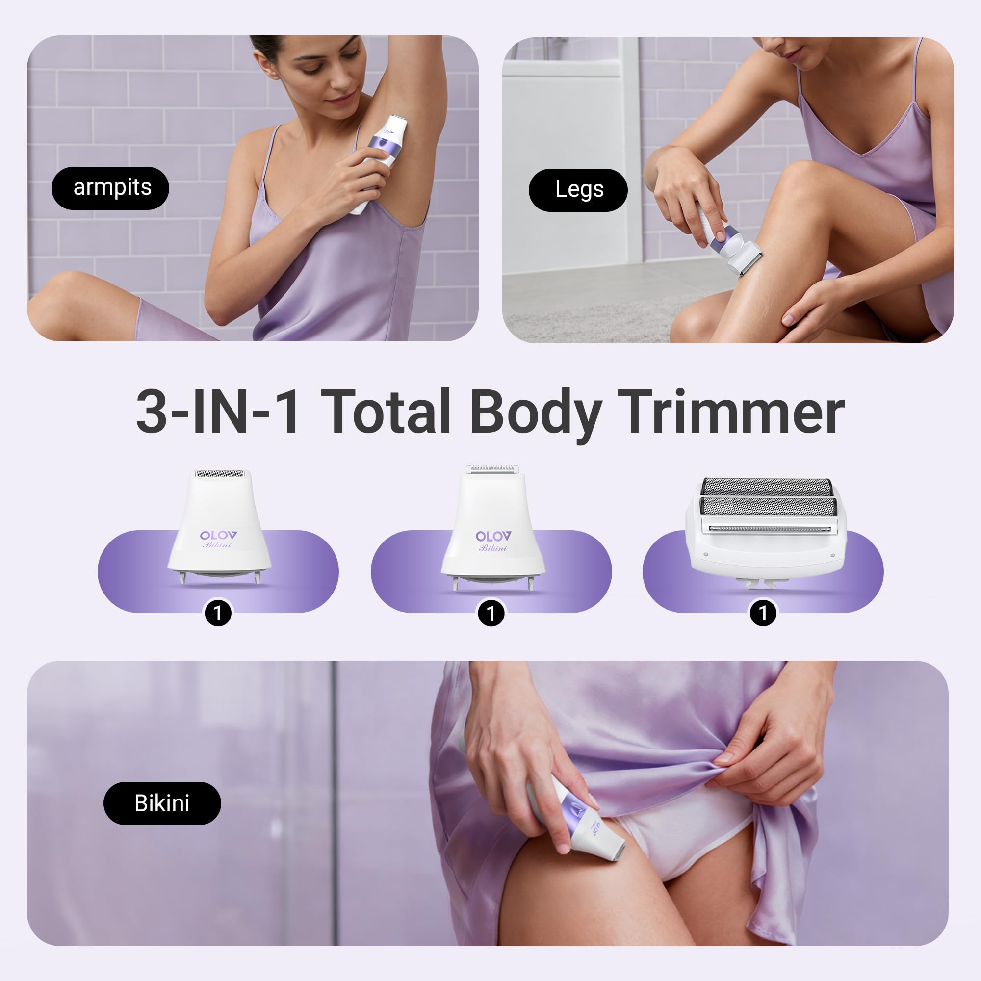 Rasoio elettrico da donna, IPX7, impermeabile, bagnato e asciutto, per gambe, ascelle e peli pubici, rasoio elettrico ricaricabile per donne con 3 testine