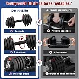 DH FitLife haltère réglable 1,5 à 18 kg avec base de rangement pour la musculation femme et homme, set d'haltères avec plaques de poids, gain de place pour l'entraînement, poids variables 12 en 1 - 5