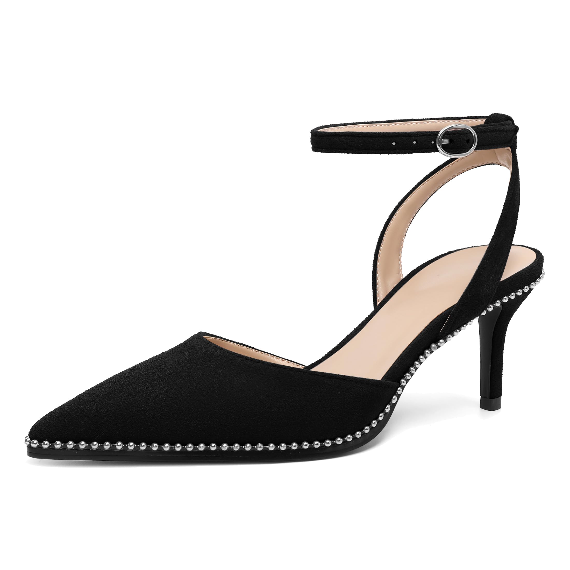 SAMMITOP Kitten Heels for Women Low Heel Closed Toe Ankle Strap Pumps Wedding Party Beaded Dress Shoes 2.4 Inch