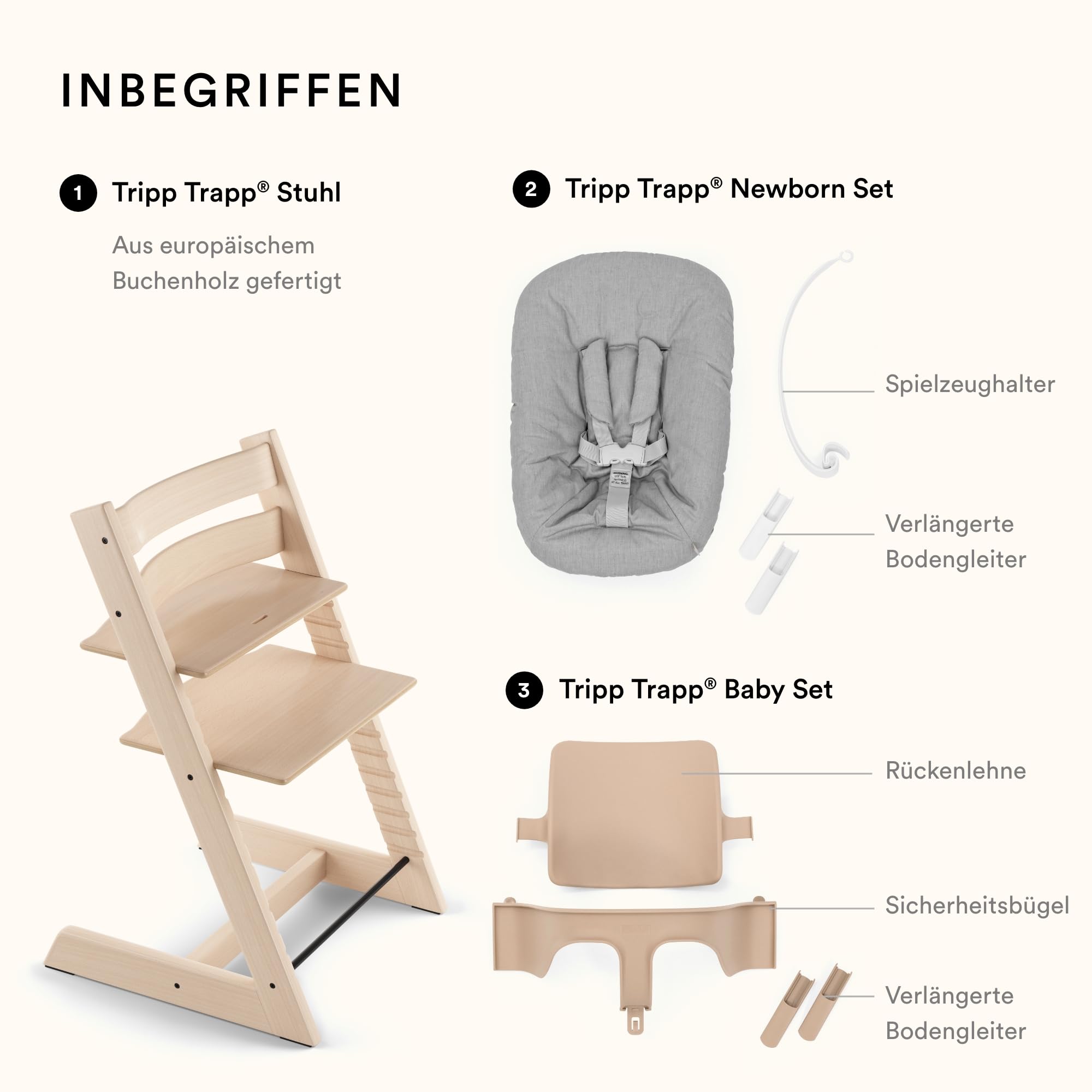 Stokke Tripp Trapp Stuhl mit Newborn Set und Baby Set, Natürlich - Sicher, verstellbar, ergonomisches Design
