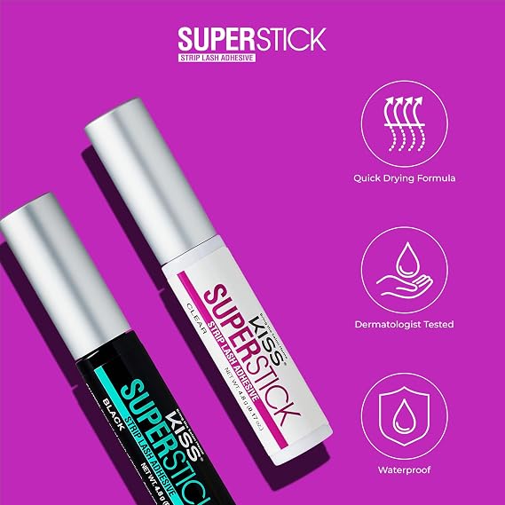 Kiss SuperStick Lash Glue for Strip Eyelashes, Black, 0.17 Oz (4.8 g), Dermatologist-Tested, Extended Wear Lash Adhesive, Easy-to-Apply Quick-Dry Brush Applicator, Waterproof on Normal Skin