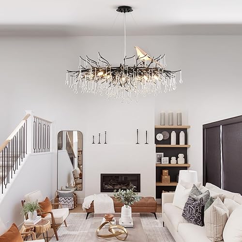 Miniatura 9 de Candelabro circular de rama de árbol D24 pulgadas, 10 luces, moderno y lujoso candelabro de cristal dorado con borla larga para cocina, isla,