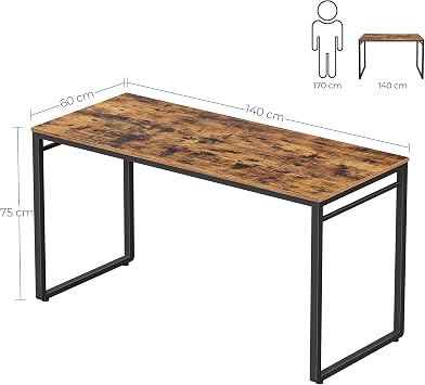 VASAGLE Study, Computer, Office Desk, 8 Hooks, 140 x 60 x 75 cm, Study Room, Home Office, Office, Metal, Industrial Design, Vintage Brown/Black LWD59X