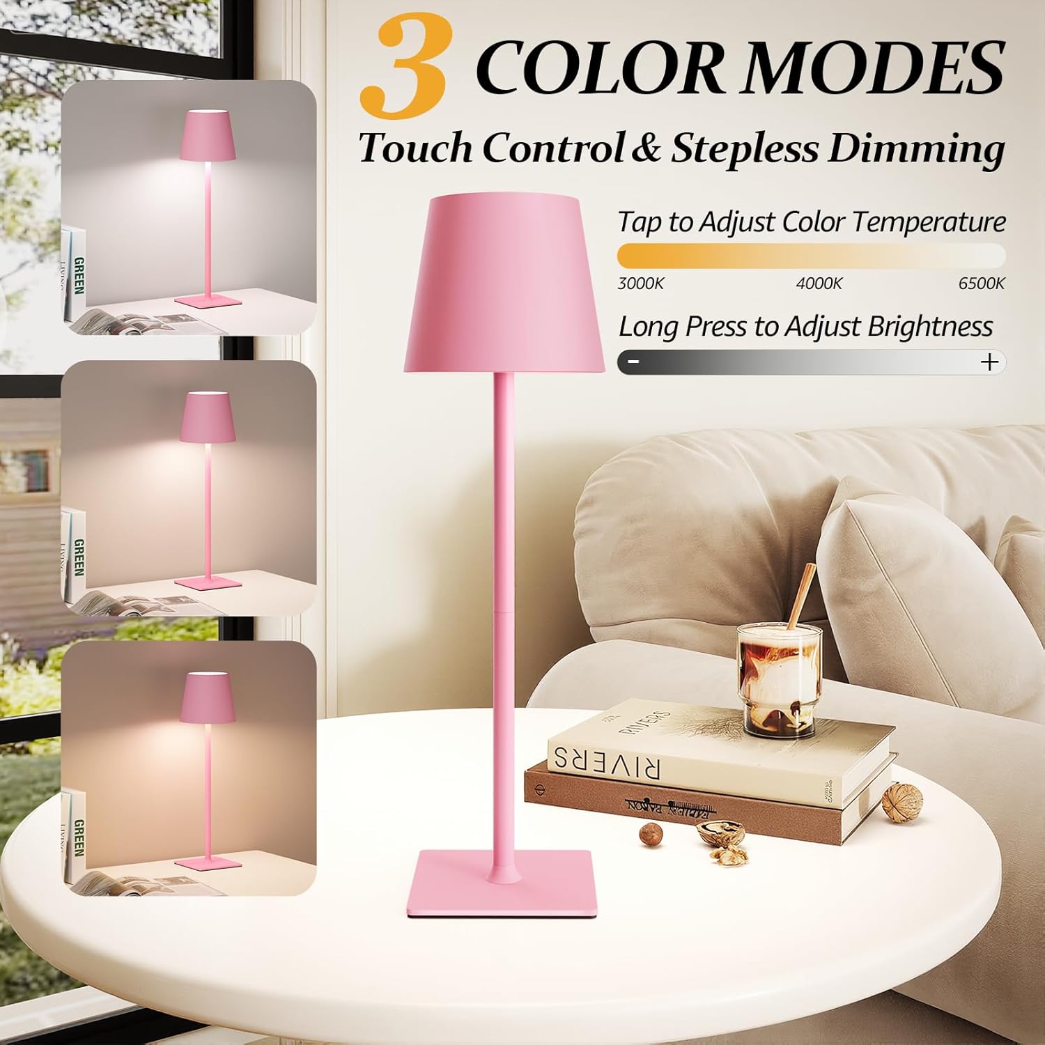 2 pack cordless table lamps, 3 colors stepless dimming, 5000mah rechargeable battery led desk lamp for bedroom/couple dinner/desk/cafe/dining room/terrace pink 2 pack