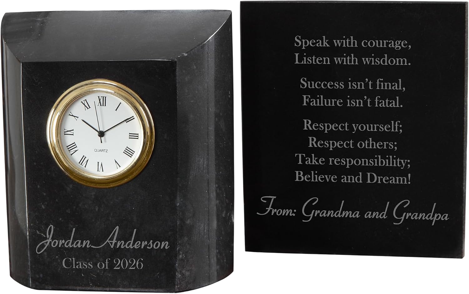 Personalization Universe Secrets of Success Graduation Plaque - Engraved Marble Desk Clock for Him/Her - 3x1.25x3.5 Inches - Elegant 2026 Graduation Gift, Personalized Name & Year, Quartz Movement