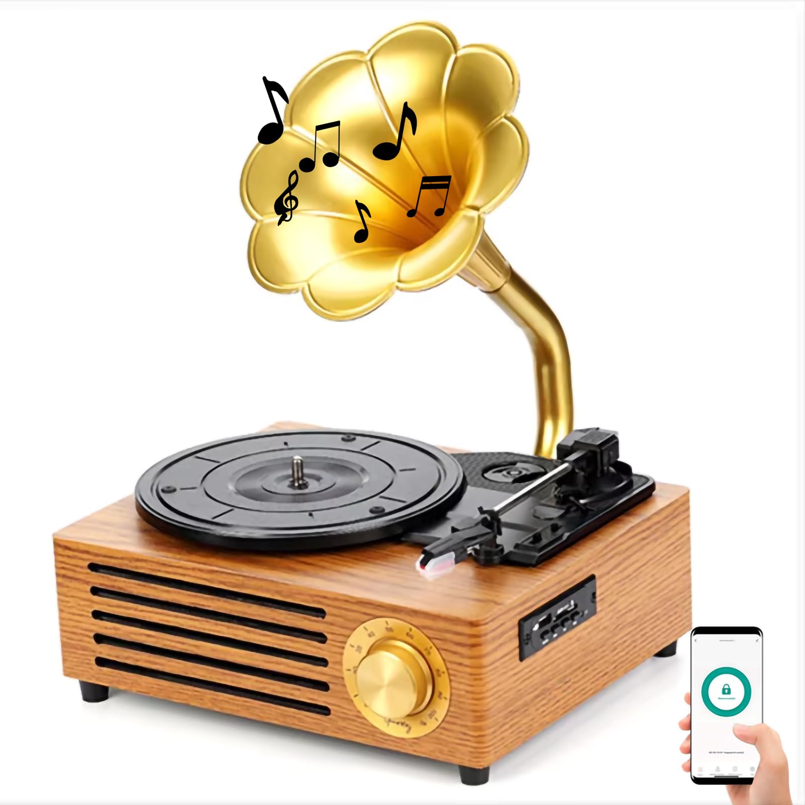Grammofono Vintage con Bluetooth Wireless, Giradischi in Vinile a Forma di Corno - velocità 33/45/78 Giri al Minuto | Compatibile con Dischi in Vinile e Pellicola da 7/10/12 Pollici,Gold