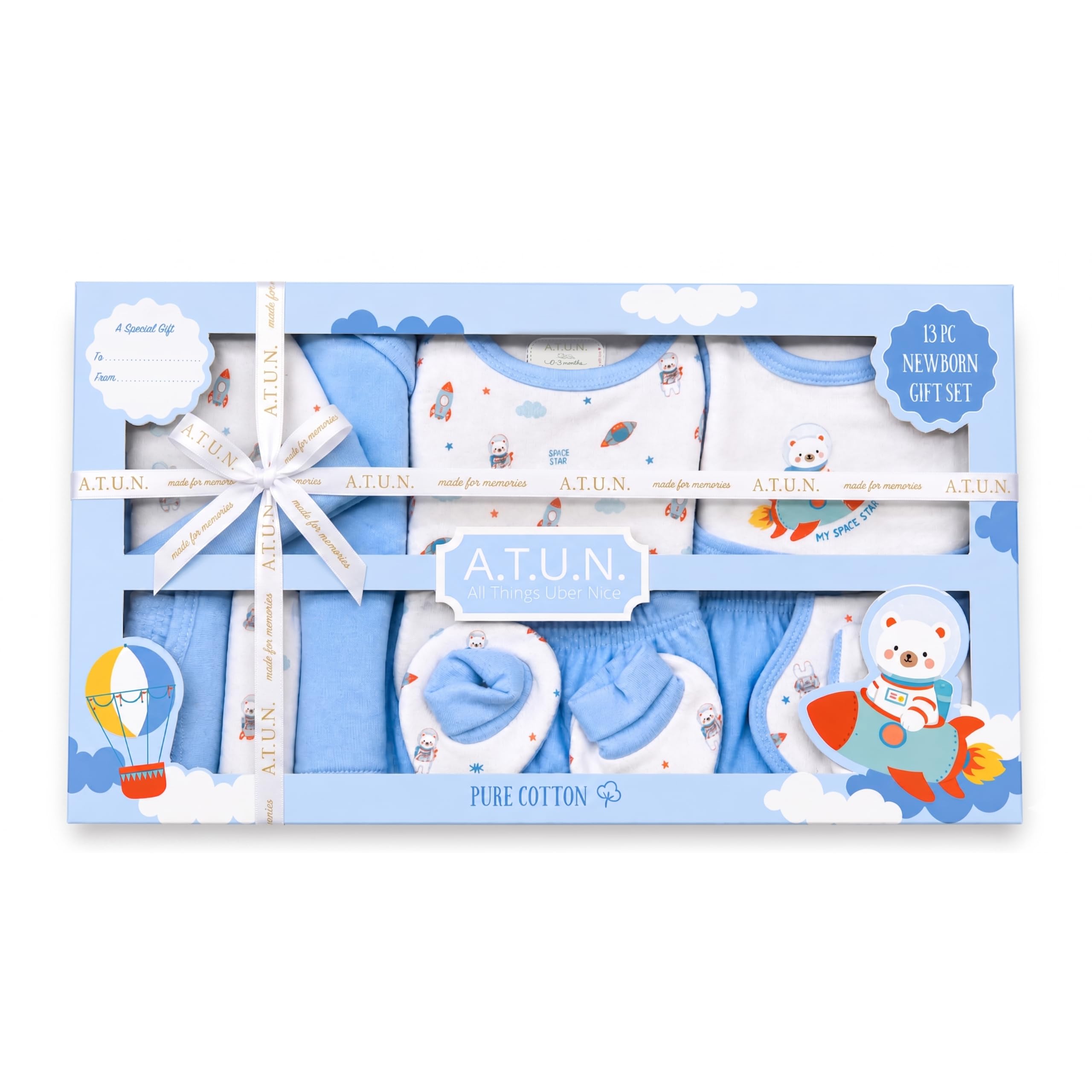 a.t.u.n. (all things uber nice) Premium Newborn Baby Gift Set (13 Pieces) | 100% Cotton Baby Clothing Set | 0-3 Months | Baby Shower and Welcome Gift Box-picture-10