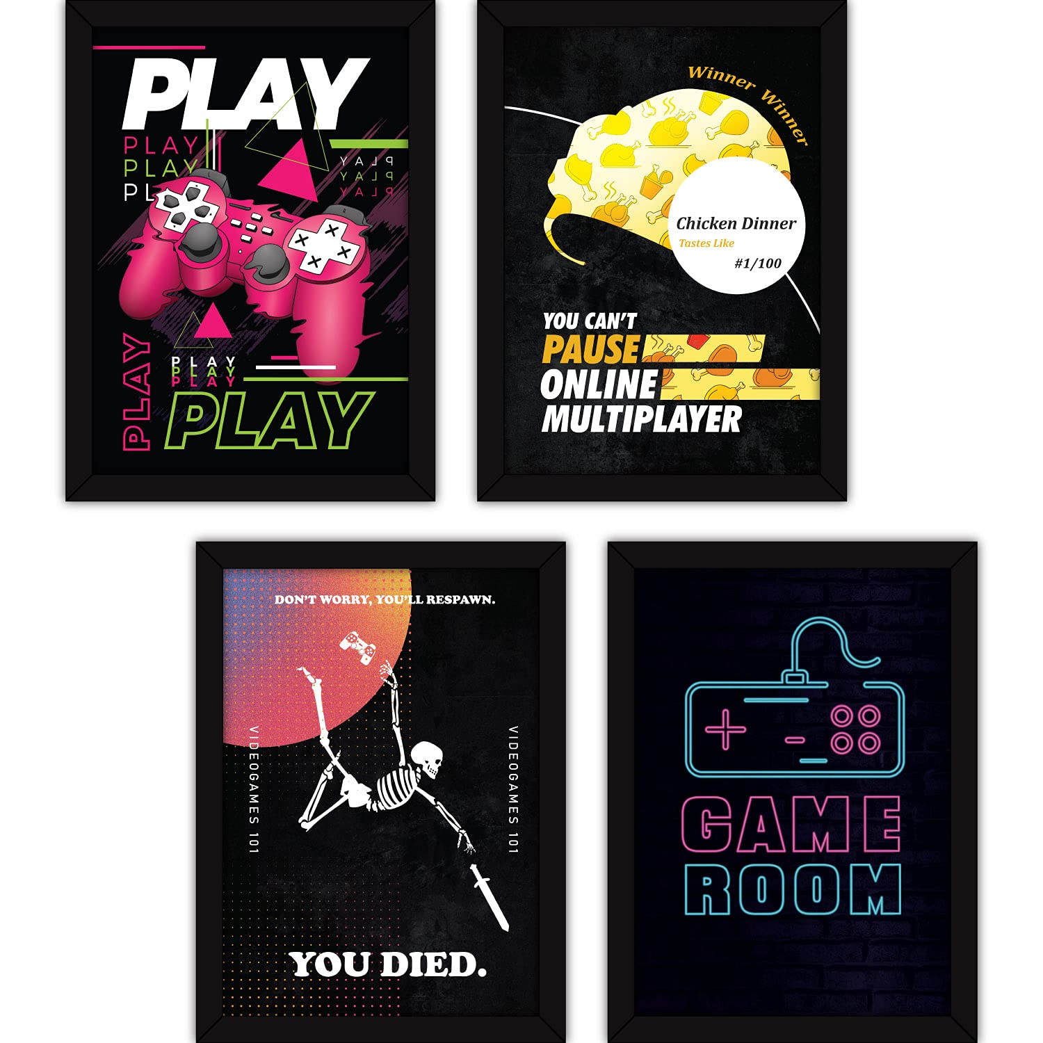 FATMUG Framed Gaming Posters Wall Paintings for Home and Office Decor, Without Glass, A4 - Set of 4
