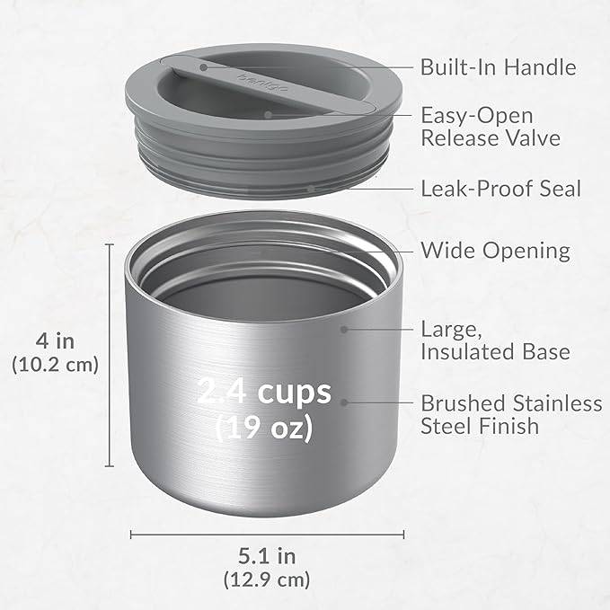 Bentgo Stainless Insulated Food Container - Triple Layer Insulation, Leak-Proof Lid, Wide Mouth Design - Sustainable 2.4 Cup Capacity, Food-Grade Materials, Ideal for Cool or Warm Food (Carbon Black)