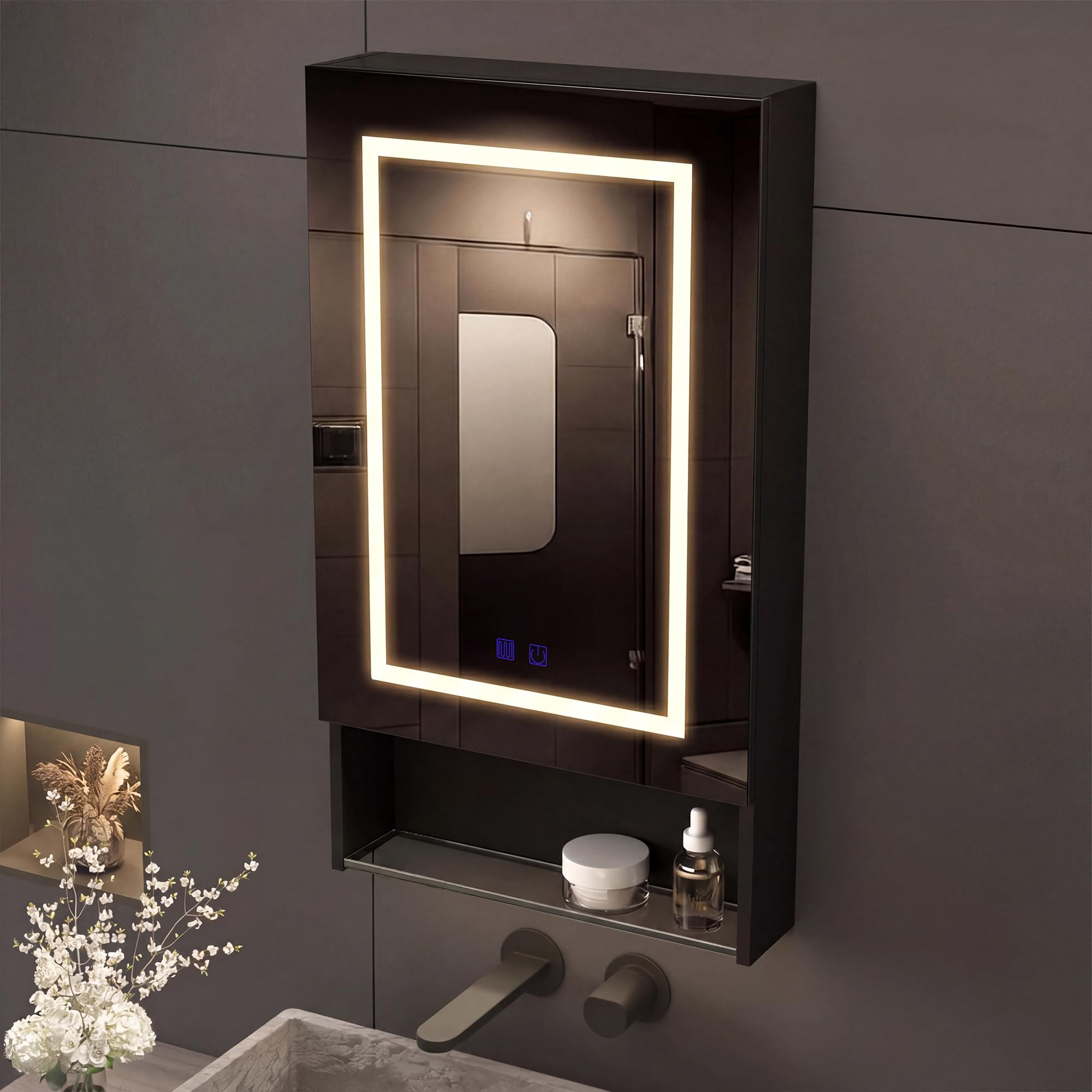 Armario de baño con espejo e iluminación LED, mueble de pared de almacenamiento para cuarto de baño, con puerta, estante ajustable, negro, 50 x 88 x 15 cm