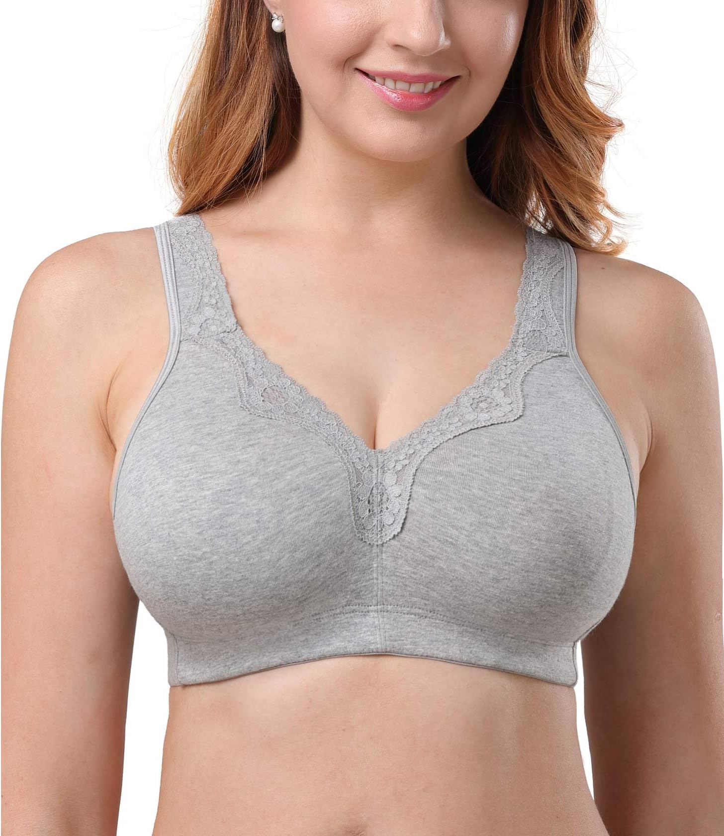 Women's Lace Cotton Comfort Plus Size Full Cup Non-Foam Low Back Wireless Bra