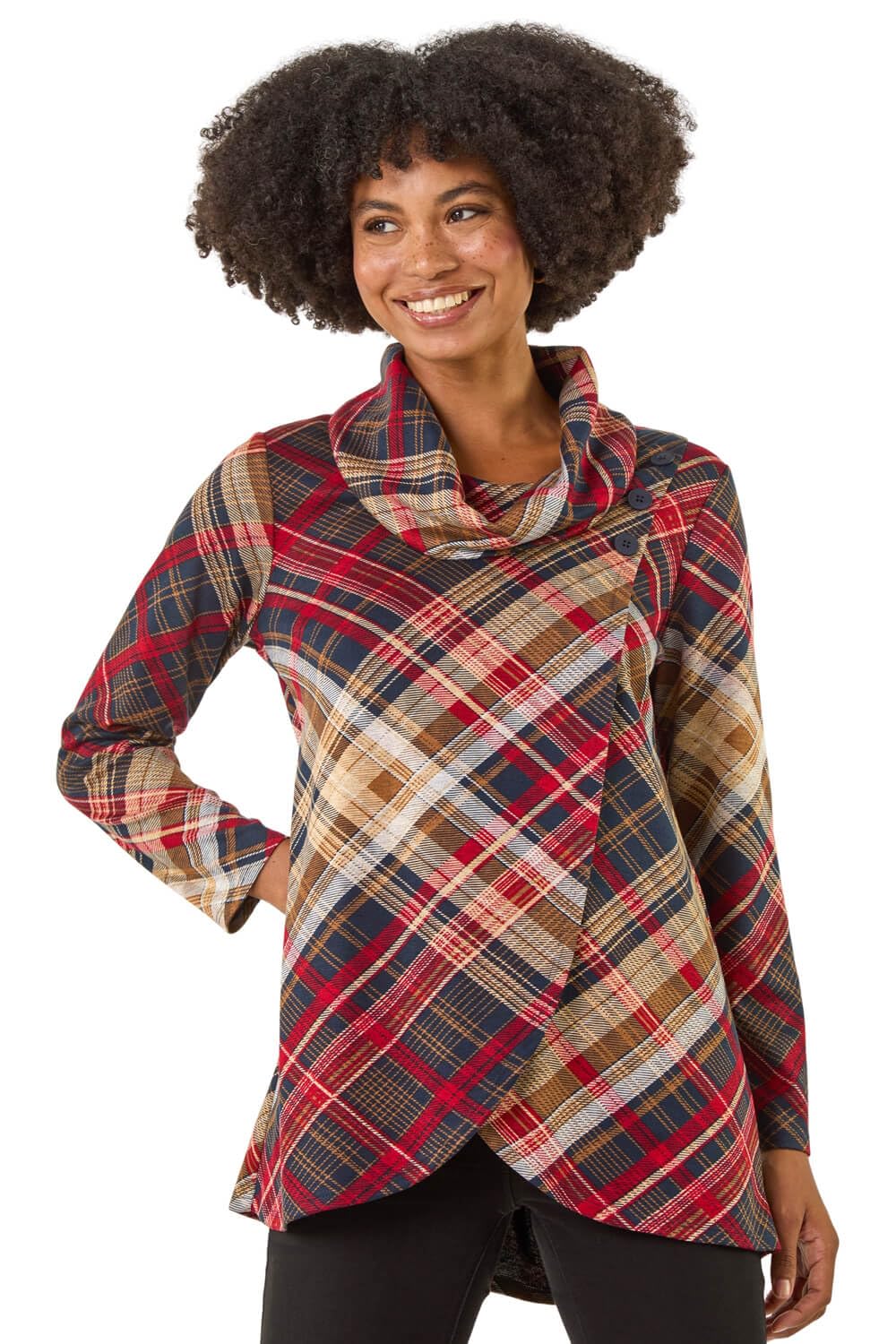 Roman Women's Plaid Cowl Neck Buttoned Top in Red | Size: 20