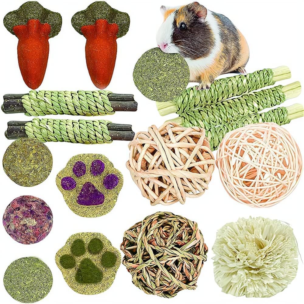 16 juguetes de hámster para dientes, juguetes de conejillo de indias, bolas de juego de conejo, juguetes molares naturales para el cuidado de los dientes para hámster, conejo
