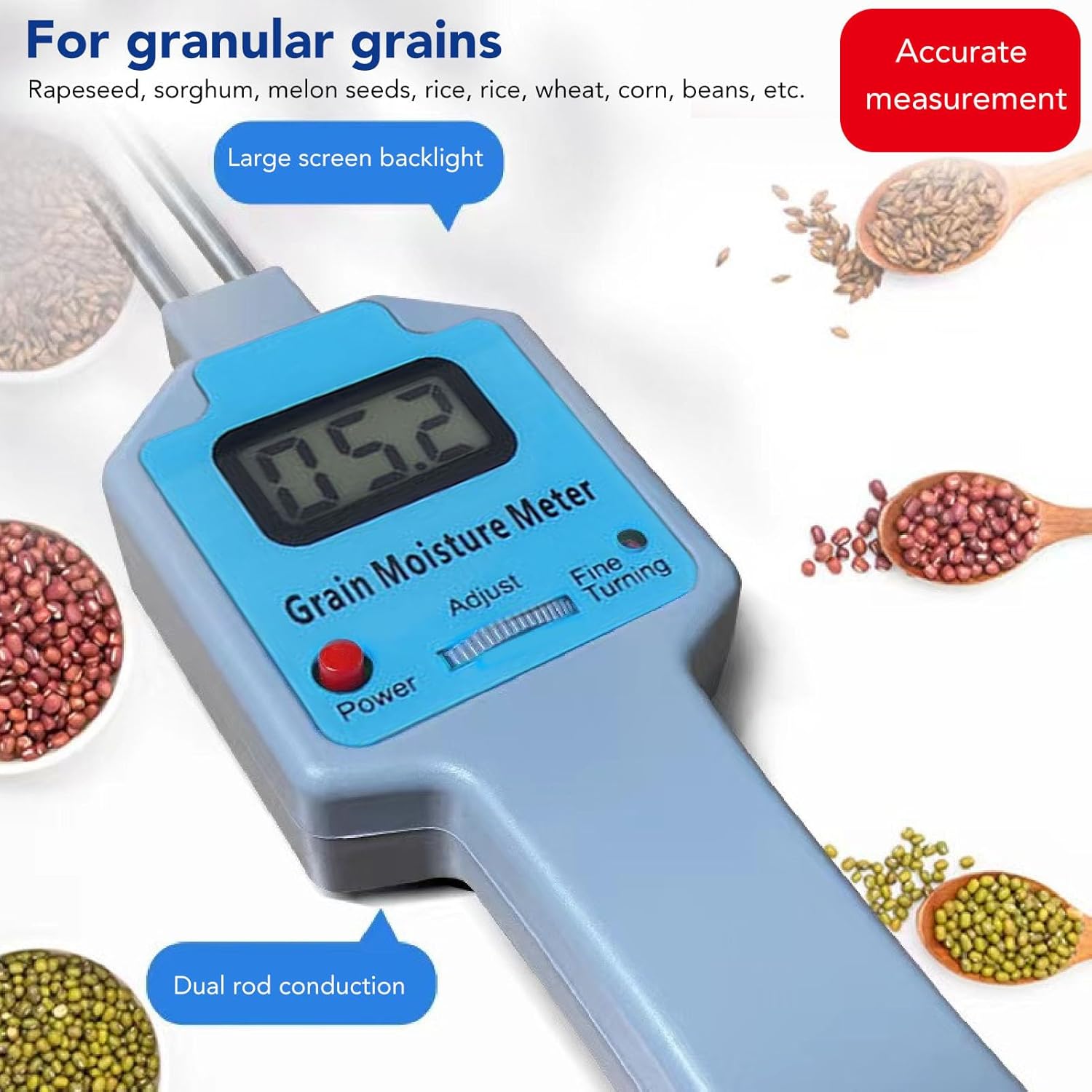 Digital Grain Humidity Meter, Grain Humidity Tester LED Backlit Portable, Digital Tester with Capacitive Sensor for Rice Corn Wheat Bean