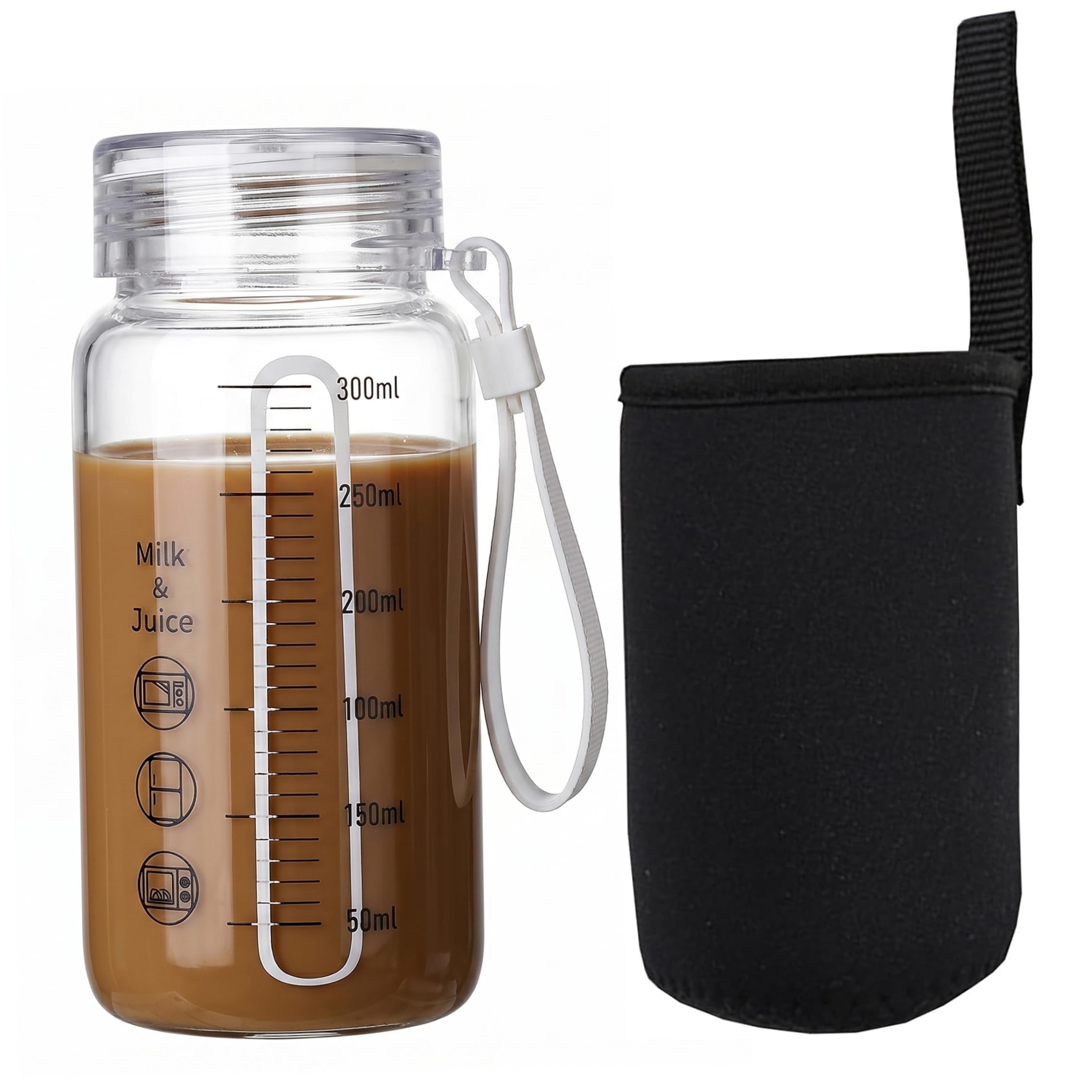 Temeemeg Water Bottle With Measurements Glass Milk Bottle With Lid Borosilicate Glass Water Bottles Leakproof Microwave Safe Cup Sleeve - 300ml