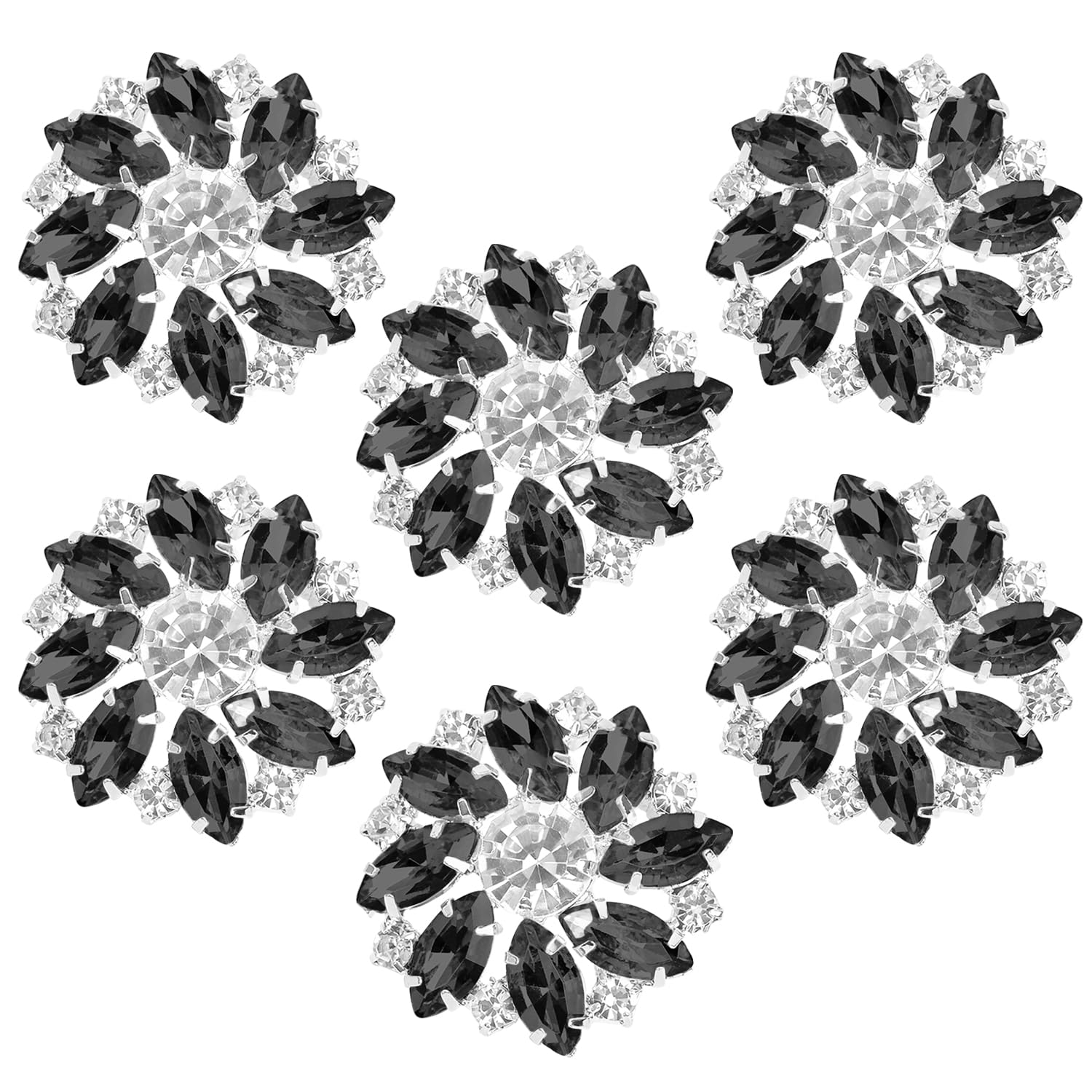 SUBTAVIK 6Pcs Rhinestone Buttons | 26.5mm Flower Buttons for Cardigans | Sew on Crystal Black Buttons for Crafting Clothing Sewing Wedding