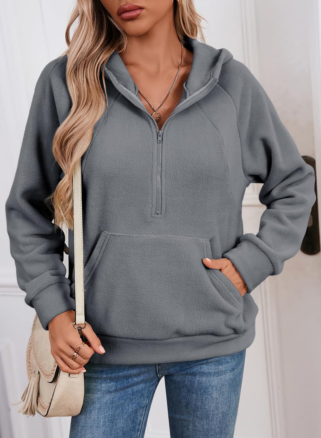 SHEWIN Womens Hoodies Casual Quarter Zip Pullover Hoodie Fleece Oversized Sweatshirt Fall Outfits for Women 2025 - Image 3