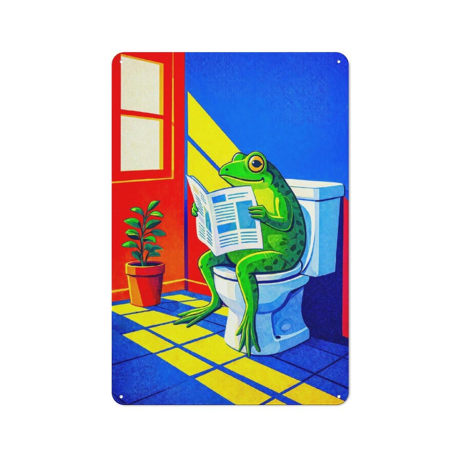 Junmoney Style-5 Frog Reading Newspaper On Toilet Metal Wall Art Sign 30X20cm, Vintage Old Style Wall Plaque For Living Room, Hallway, Kitchen Or Cafe