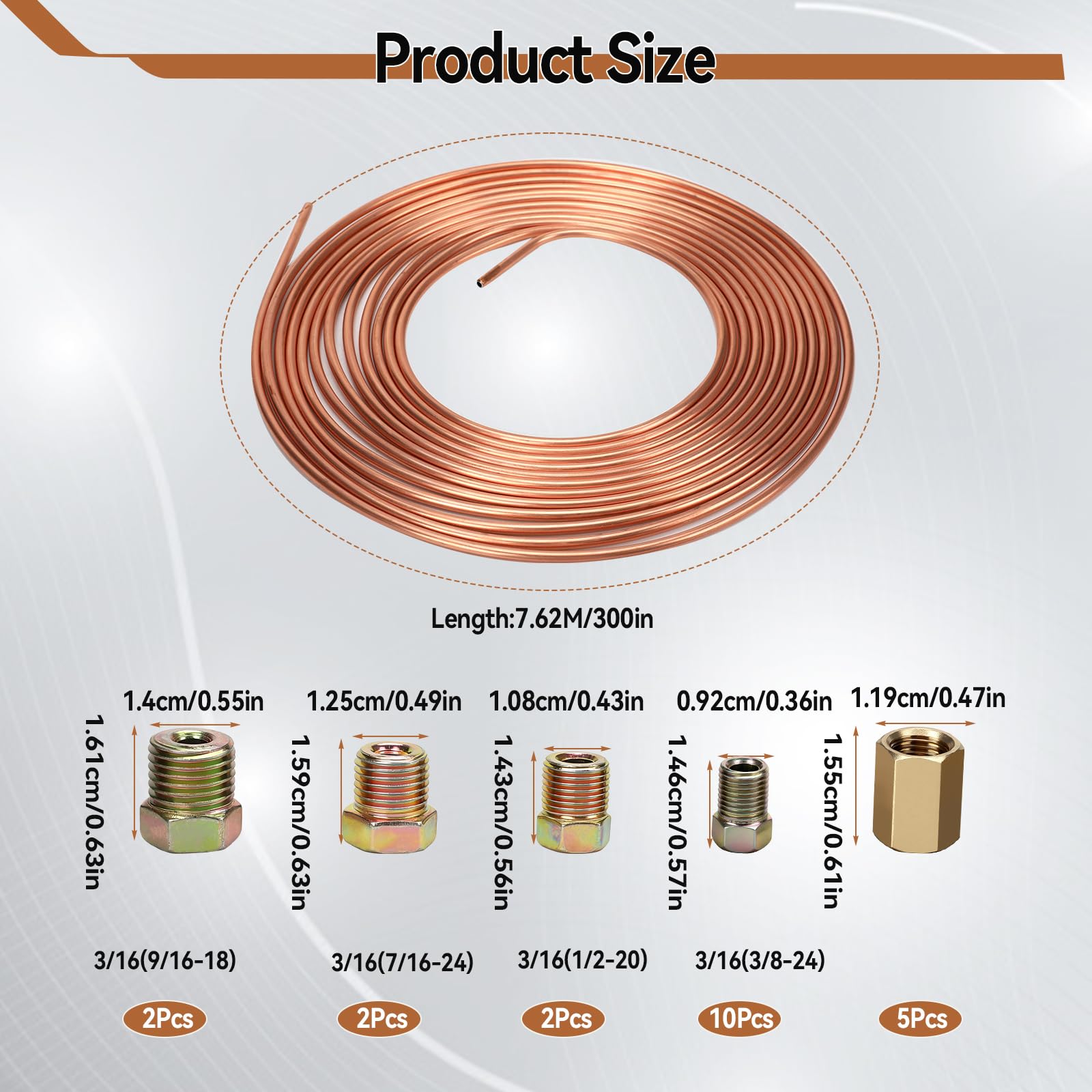 Kit d'évasement universel pour conduites de frein 3/16", outil d'évasement pour conduites de frein, 7,62 m de long avec Ø 4,75 mm et 16 raccords + 5 raccords