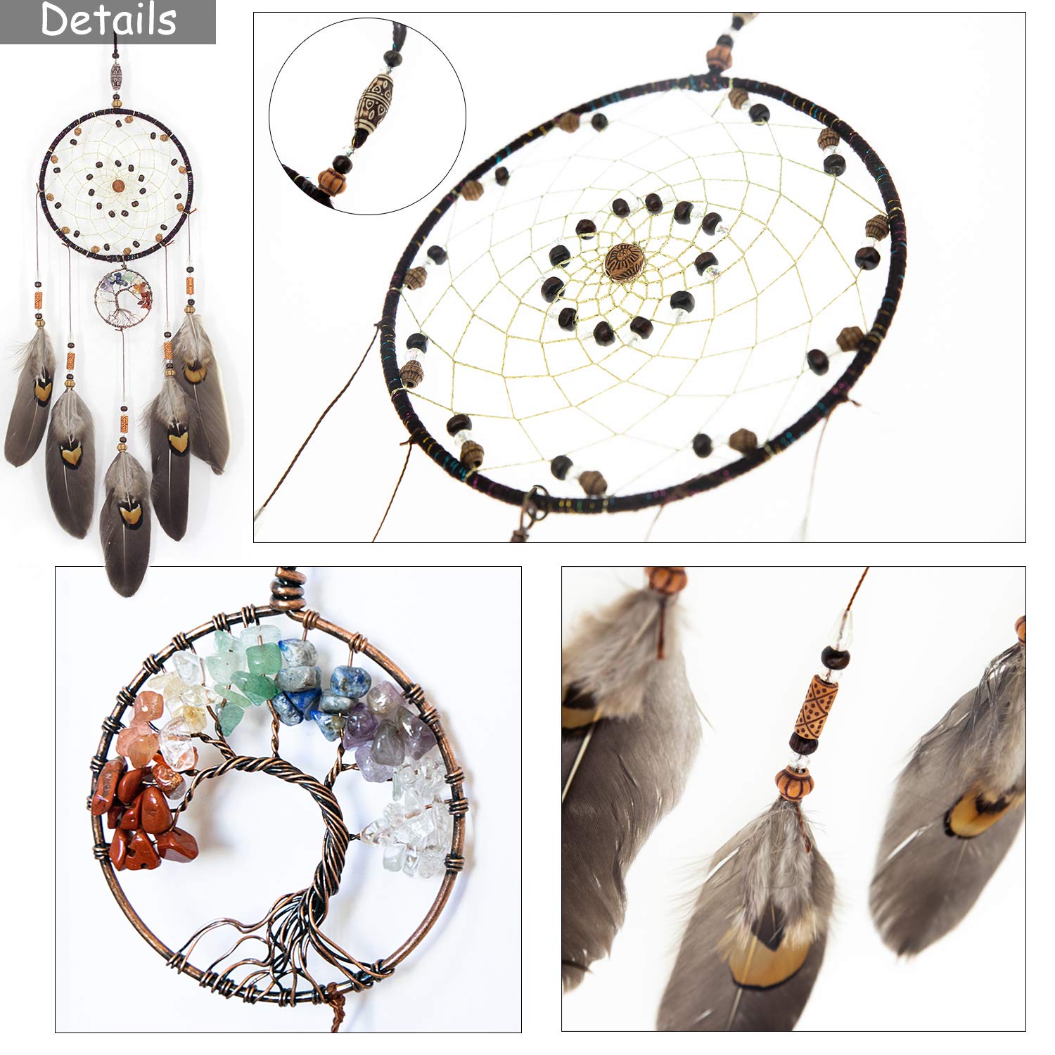 TEESHLY Dream Catchers with Tree of Life and Feather Indian Handmade Dreamcatchers for Boho Wall Hanging Decoration, Ornament Festival Gift (Brown)