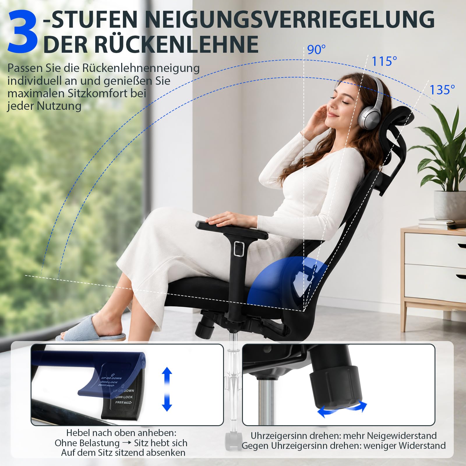 Hoolamyie Ergonomischer Bürostuhl mit Kopfstütze & Lendenstütze, Drehstuhl mit Sitztiefenverstellung, 3D Armlehnen, Mesh Schreibtischstuhl ergonomisch für Homeoffice & Büro, Schwarz