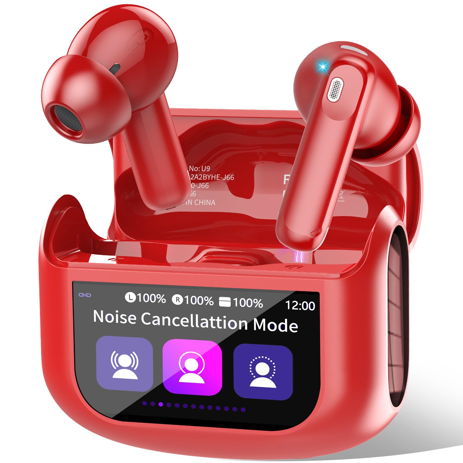 Qxufv Wireless Earbuds with Smart Touch Screen ANC Active Noise Cancelling Bluetooth 5.4 Headphones in Ear Earphones with HD Mic HiFi Stereo Sound, Bluetooth Earphones 40H Playtime IP7 (Red)