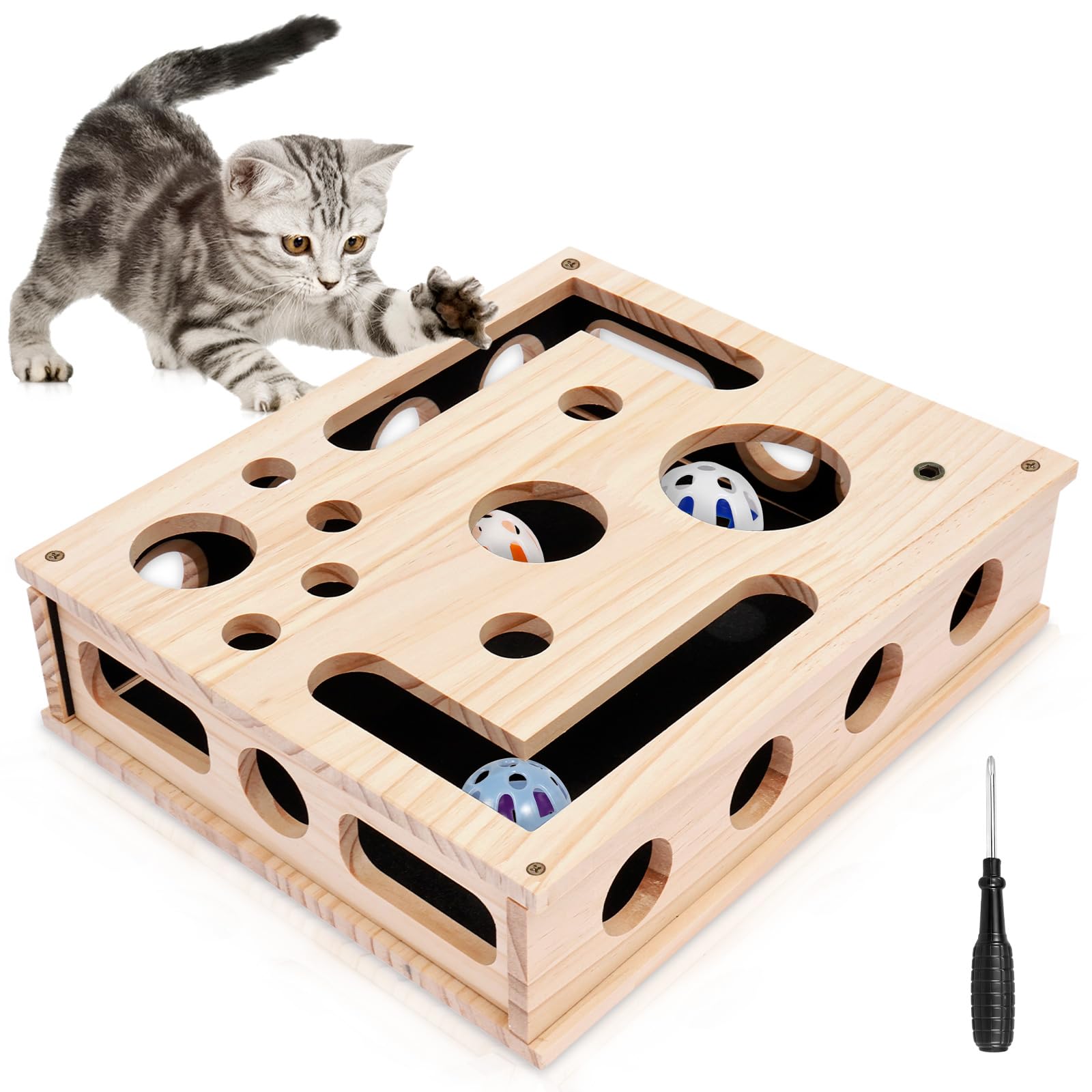 Cat Nail File Scratcher Large Solid Wood Cat Nail File Enrichment Box with 3 Bell Balls & Sandpaper Inside Interactive Cats Puzzle Toys for Indoor Cats Scratch Puzzle Enrichment Box Toy (Style 1) — image 1