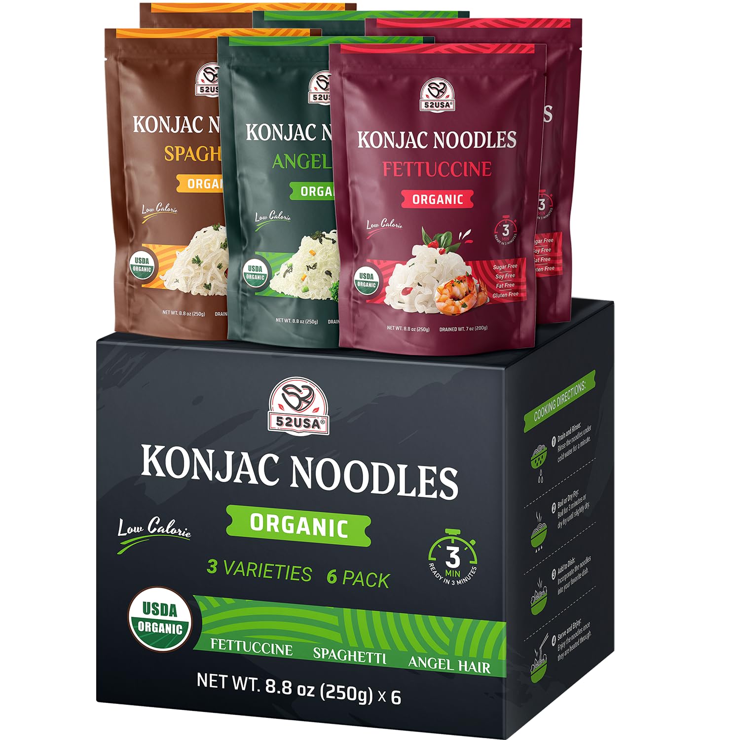Sponsored Ad - 52USA Organic Konjac Shirataki Noodle, Low Carb Pasta 52.8 Oz (1500 g), Angel Hair, Fettuccine, USDA Organic Healthy Spaghetti Noodles (3 Variety - 6 Pack Inside), Keto and Paleo Friendly, Low Calorie, Sugar Free, Vegan, Ready to Eat