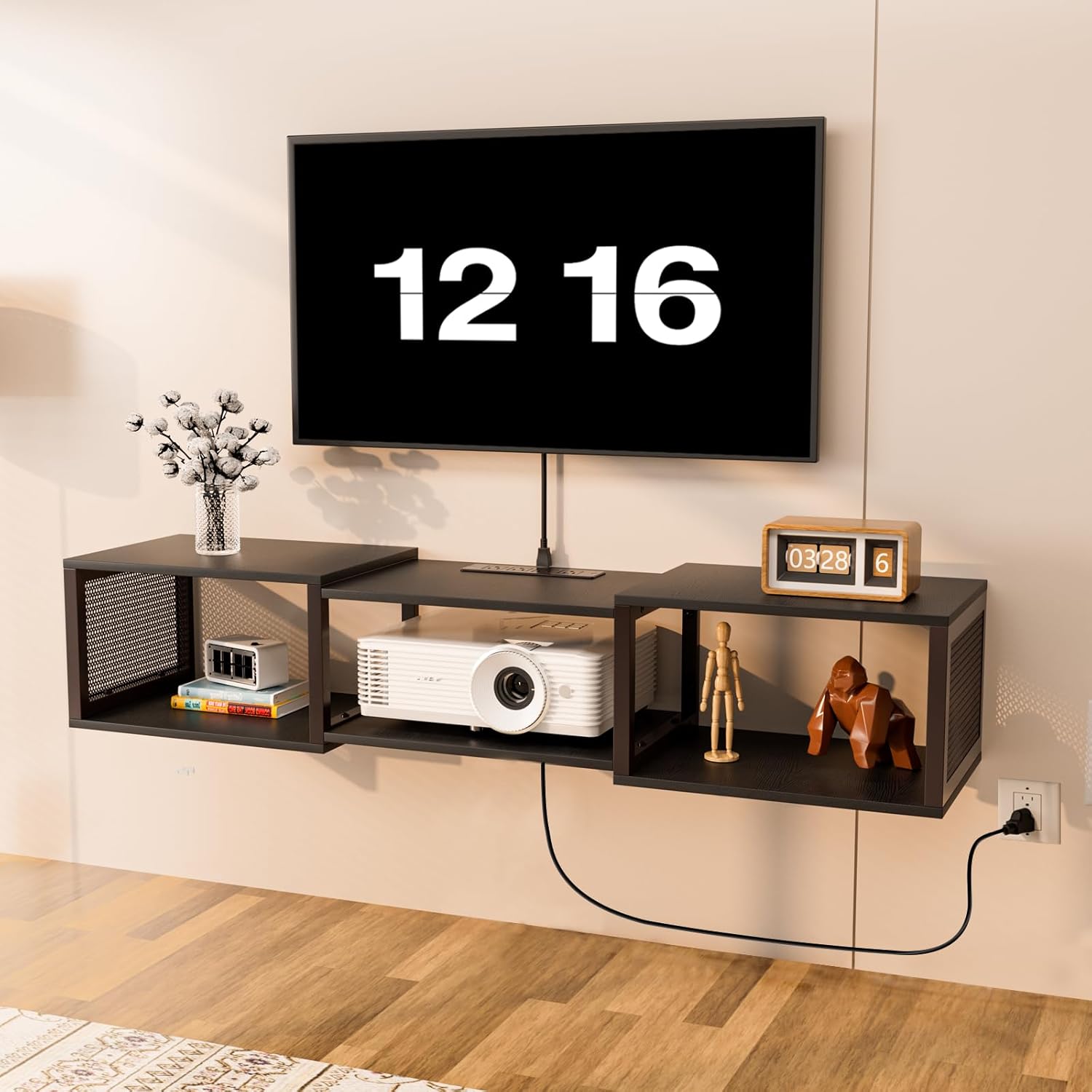 HOOBRO Floating TV Stand Wall Mounted with Power Outlet, Floating Entertainment Center for 55 inch TVs, Wall Mounted Entertainment Shelf with Storage, for Living Room, Bedroom, Black BB114UDS01