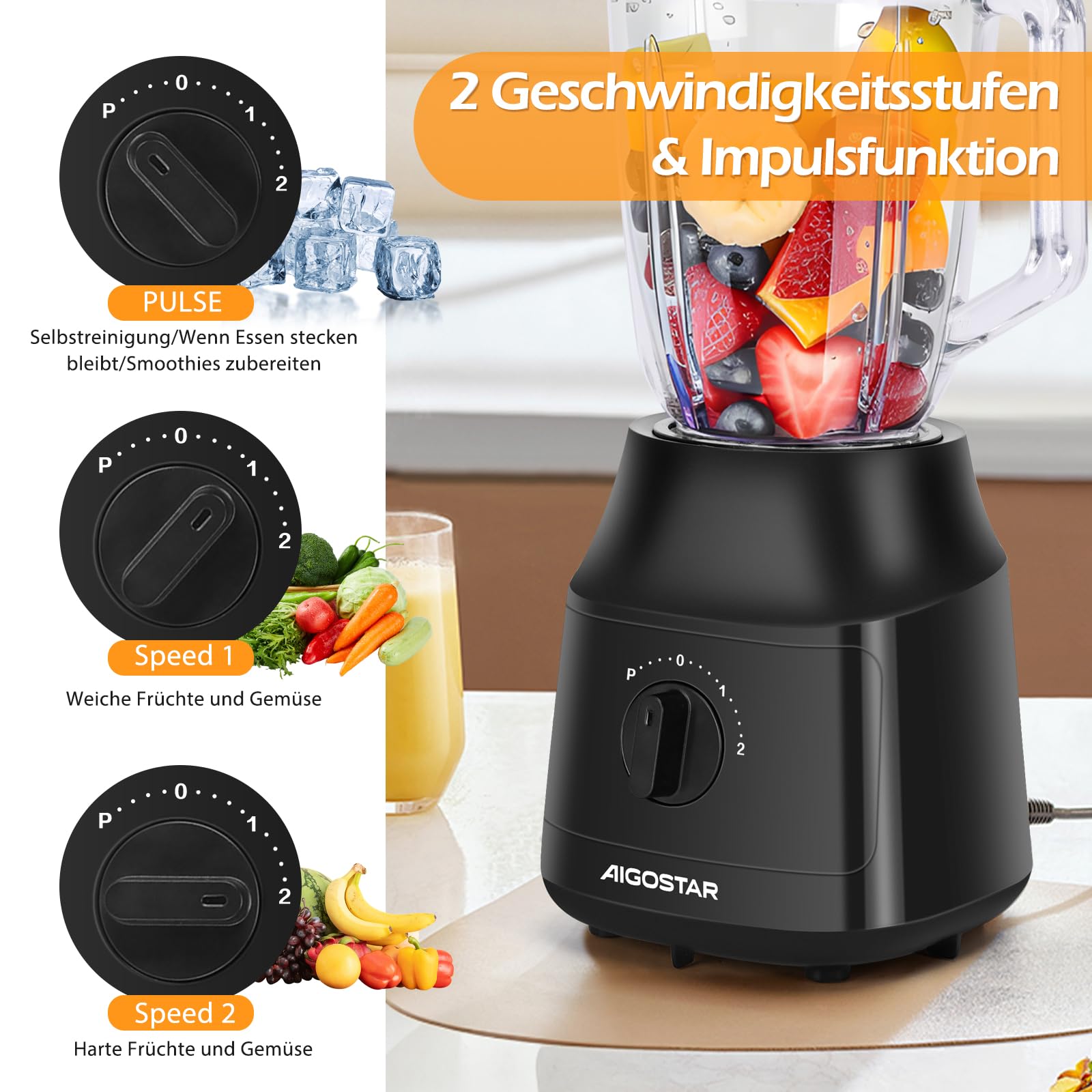 Aigostar Swift - Standmixer und Smoothie Maker, 1.5 Liter Glasbehälter, Titanbeschichteten Klingen, Ice Crush Funktion, 2 Geschwindigkeiten + Pulse, Spülmaschinenfeste Teile, 800W, Schwarz