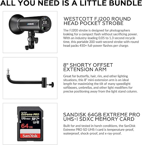 Miniatura 2 de Westcott FJ200 200W estroboscópico con batería de polímero de litio ACDC  Brazo de extensión de 8 pulgadas y paquete de tarjeta de memoria SDXC de