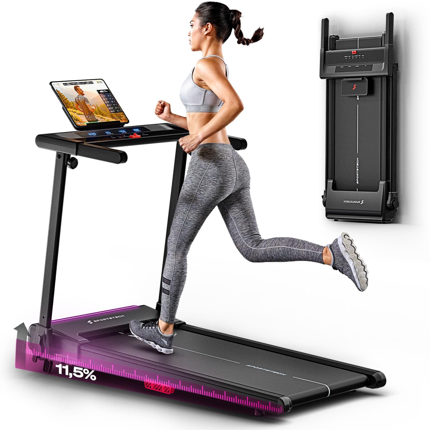 Sportstech sProRun Tapis de Course Pliable 12 km/h 120 kg Inclinaison 9% Bluetooth