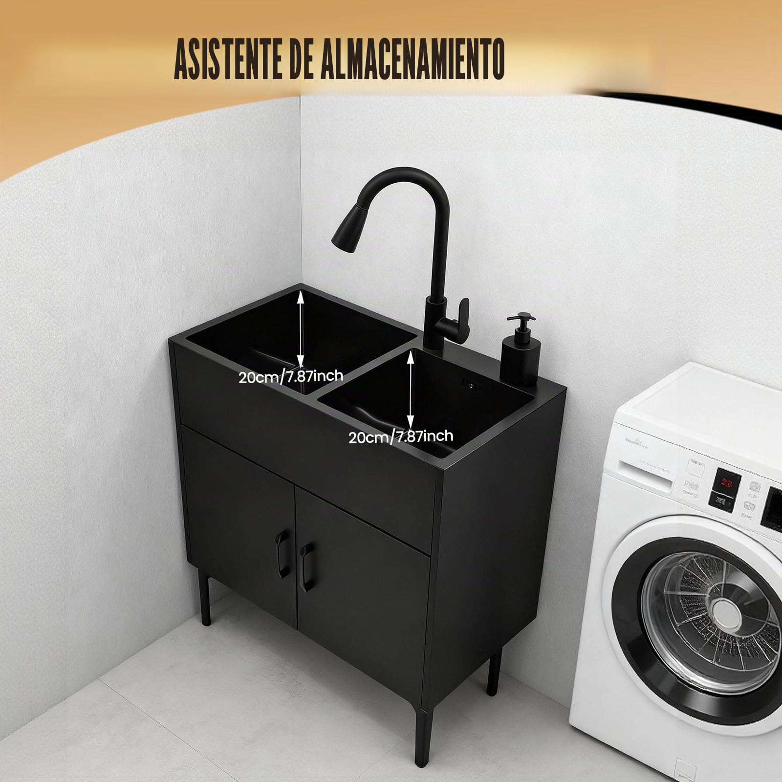 Fregadero de cocina independiente con armario y grifo extensible, 75 x 41 x 78 cm, acero inoxidable, comercial, fregadero doble con cesta de drenaje y unidad de desagüe para cocina, lavandería/negro