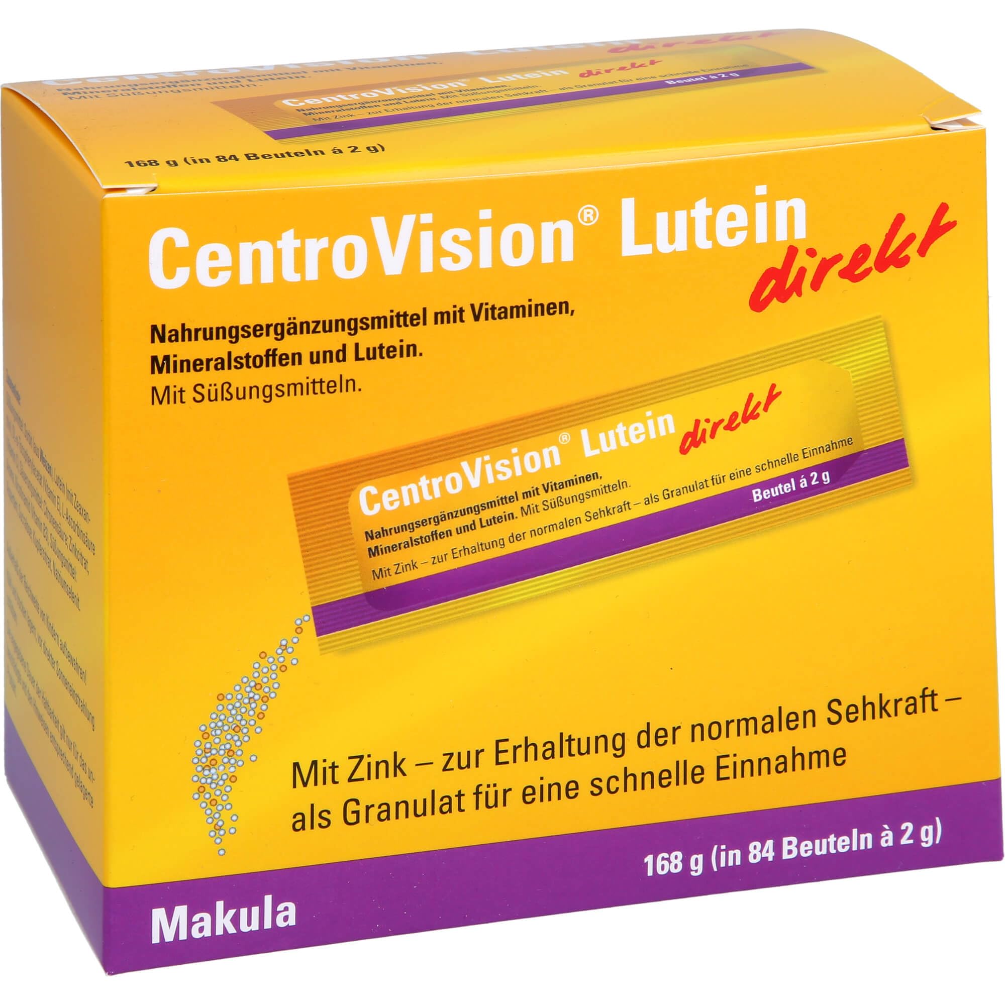 CentroVision Lutein direkt – Granulat mit einer Mikronährstoffkombination aus Lutein und Zeaxanthin, Nahrungsergänzung für die Augen mit essentiellen Vitaminen & Mineralstoffen, laktosefrei, 84 St.