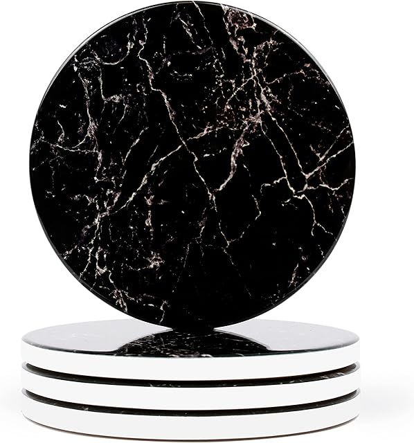 Naivasha Homeware Marble Coasters Set of 4 - Stunning Ceramic Coaster in GLOSS Finish | Elegant Stone Coasters with Anti-Slip Cork Bottom for Mugs and Glasses | Black Marble