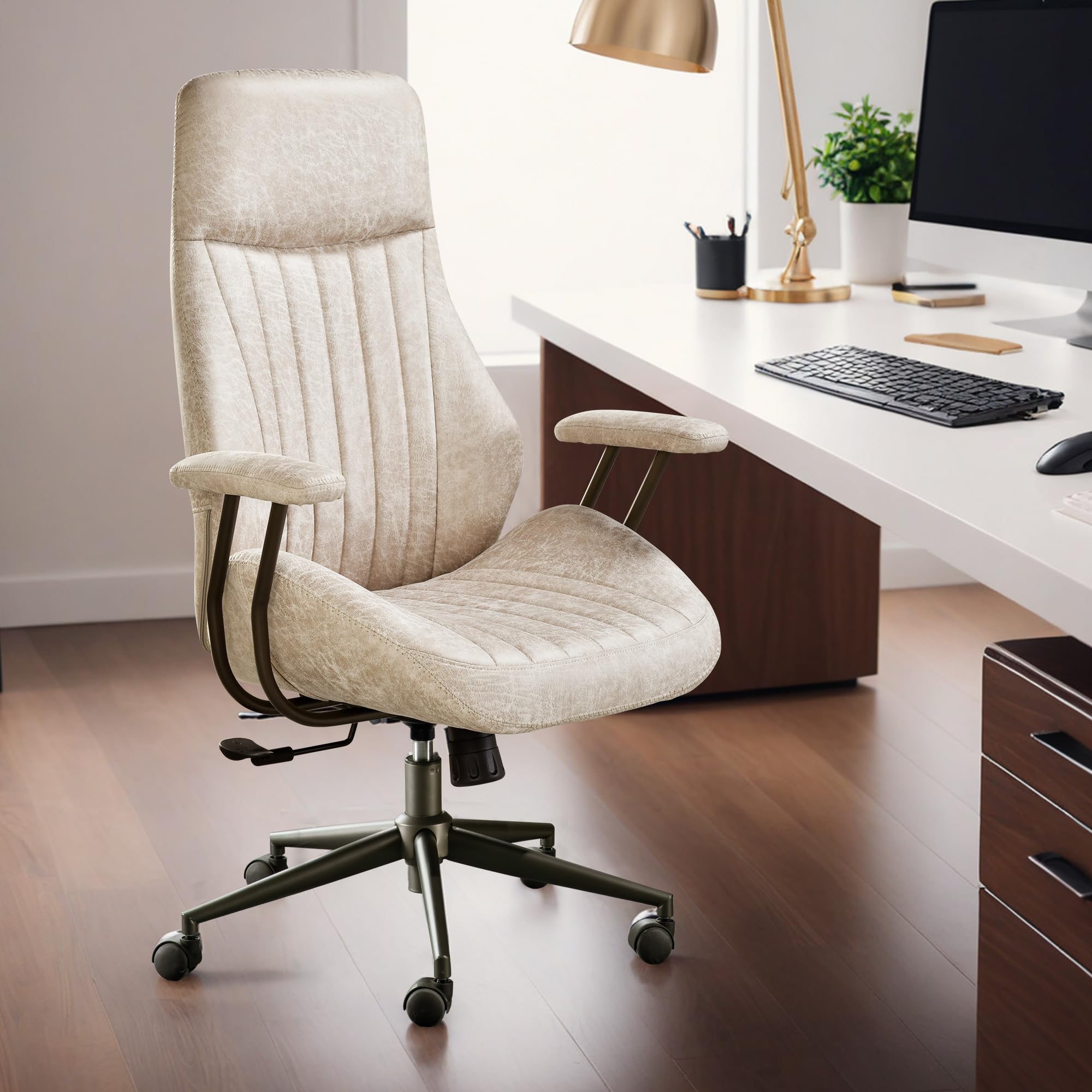 HOOOWOOO Faux Suede Leather Home Office Chair,MCM Modern Ergonomic Task Work Chair,Computer Desk Chair with Cushion Seat Lumbar Support Reclining High