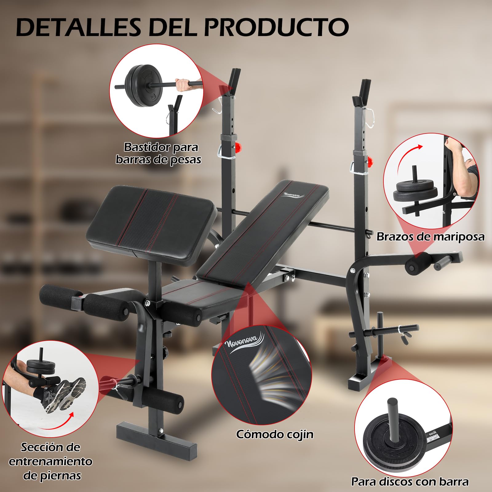 Banco Musculación Plegable, Banco De Musculacion, Press Banca con Soporte para Barra para press de banca, Banco De Pesas Musculación Ajustable con respaldo, soporte para piernas