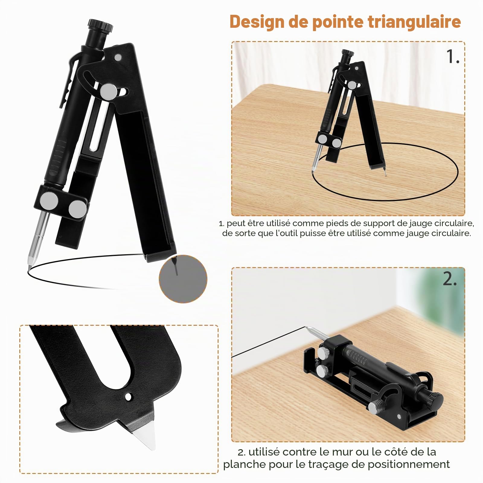 Outil de marquage de traceur de construction noir multifonction - Crayon de construction - Jauge de tracé avec trou profond - Outil de mesure