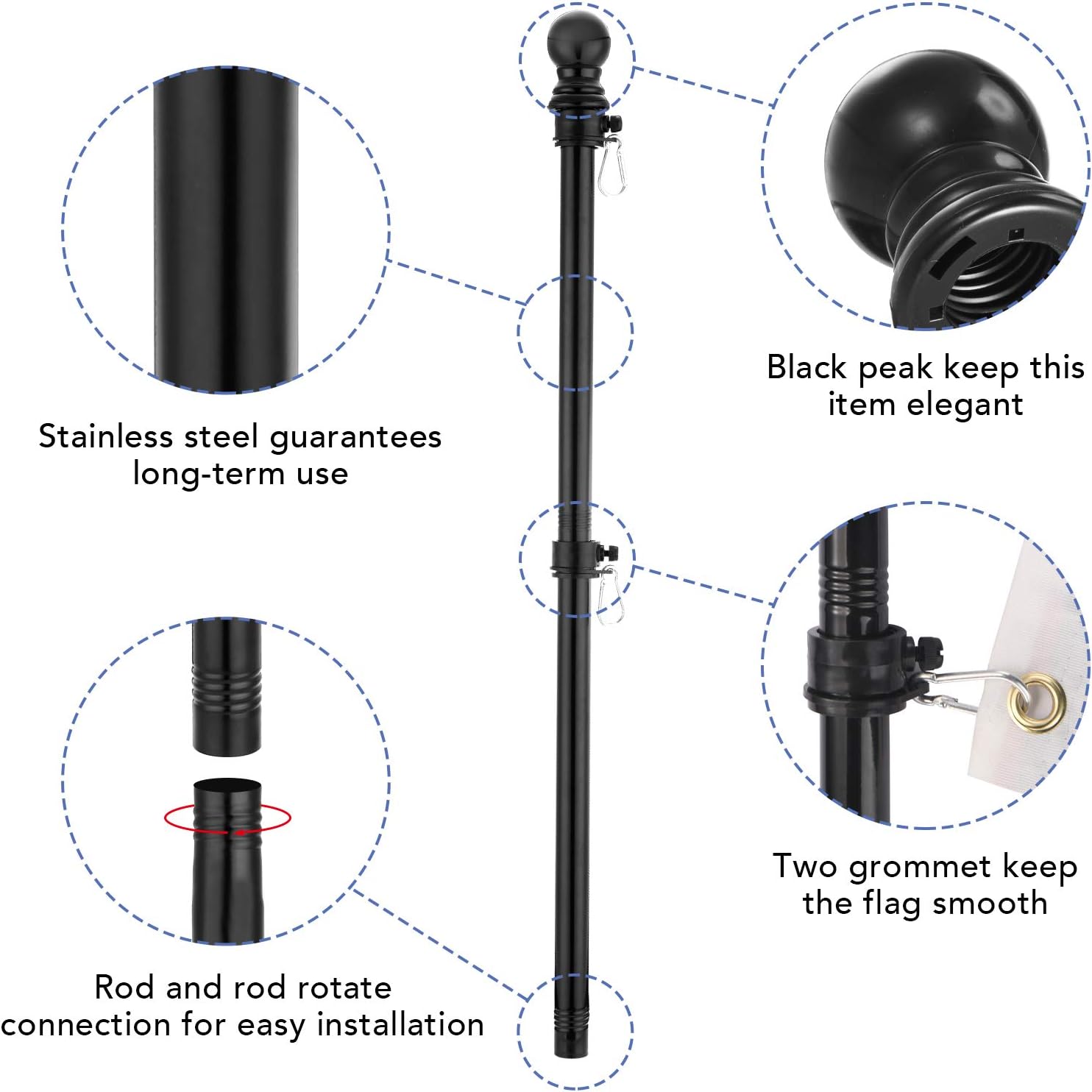 Yeesun 6FT Flag Pole for Outside House, Truck and Boat, No Bracket, Black