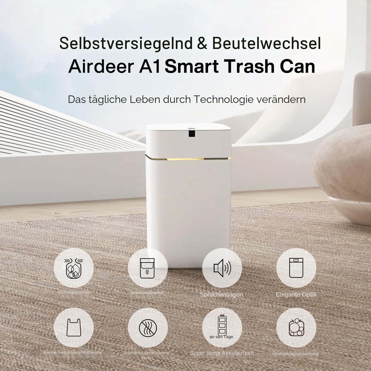 Airdeer Grehge Tomaten-Mülleimer, selbstdichtend und selbstwechselnd, intelligenter Mülleimer, Bewegungssensor, berührungsloser Mülleimer mit Deckel, für Küche, Bad, Büro, 6 Nachfüllbeutelringe