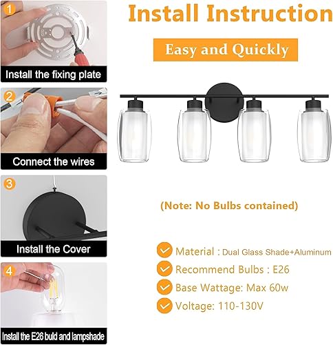 Miniatura 9 de Aipsun Lámpara de baño con 4 luces, luces negras arriba y abajo, modernas luces de bahthroom con vidrio transparente y vidrio esmerilado, luces