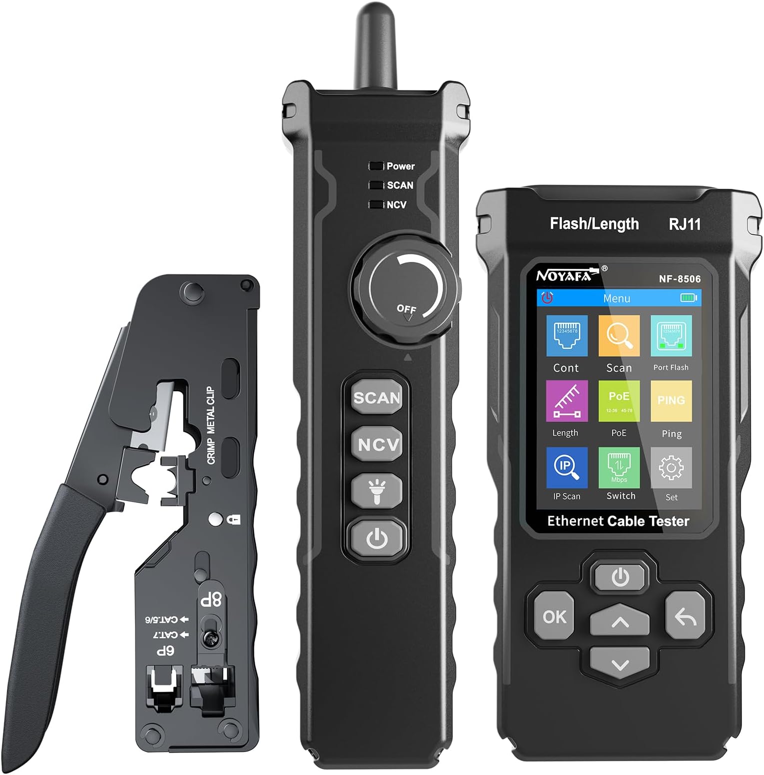 NOYAFA NF-8506 Network Cable Tester with RJ45 Crimp Tool, CAT5 CAT6 Ethernet Cable Tester, PoE Ping Test, Network Rate Test, IP Scan, Port Flashing, RJ11 RJ45 Network Tester with Crimper Stripper